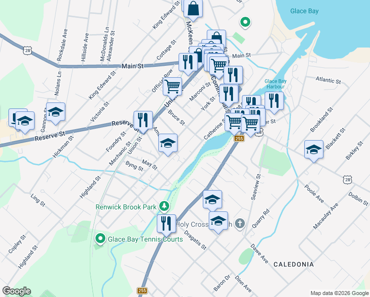 map of restaurants, bars, coffee shops, grocery stores, and more near 75 Lower Mclean Street in Glace Bay