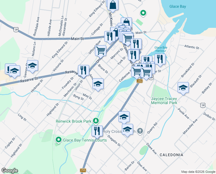 map of restaurants, bars, coffee shops, grocery stores, and more near 75 Lower Mclean Street in Glace Bay