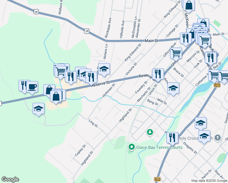 map of restaurants, bars, coffee shops, grocery stores, and more near 16 Rosewood Avenue in Glace Bay