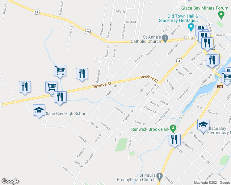 map of restaurants, bars, coffee shops, grocery stores, and more near 16 Rosewood Avenue in Glace Bay