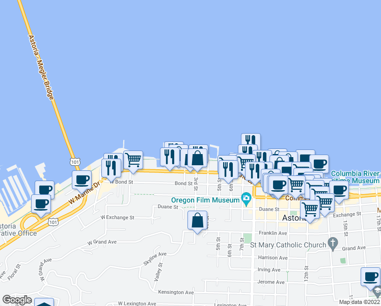 map of restaurants, bars, coffee shops, grocery stores, and more near 1 3rd Street in Astoria