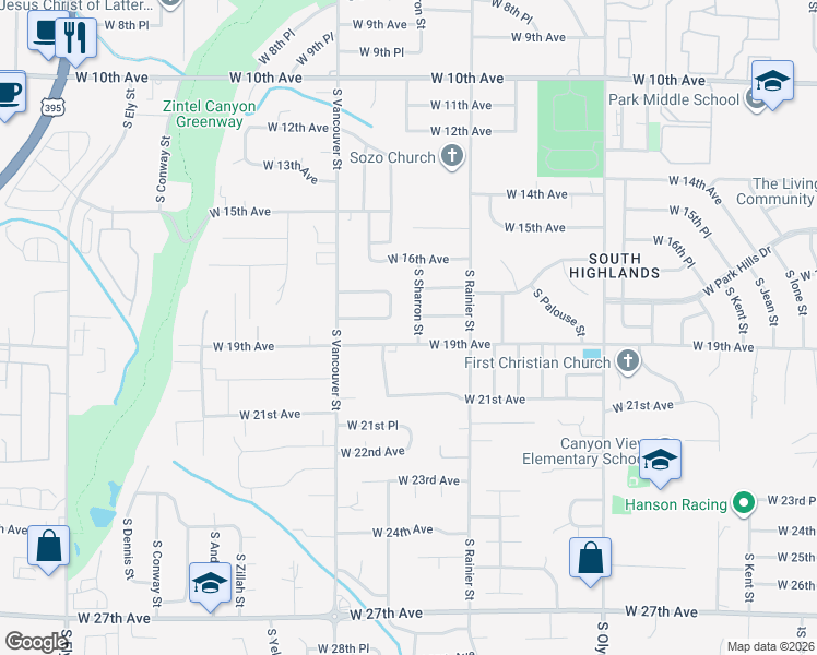 map of restaurants, bars, coffee shops, grocery stores, and more near 1705 South Sharron Street in Kennewick