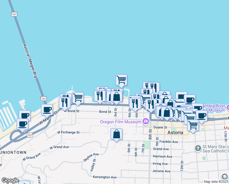 map of restaurants, bars, coffee shops, grocery stores, and more near 1 3rd Street in Astoria