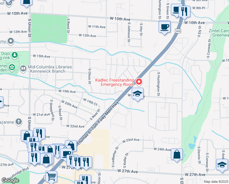 map of restaurants, bars, coffee shops, grocery stores, and more near 187 South Morain Street in Kennewick