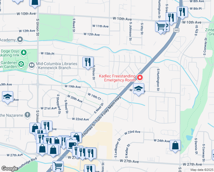 map of restaurants, bars, coffee shops, grocery stores, and more near 1829 South Neel Court in Kennewick