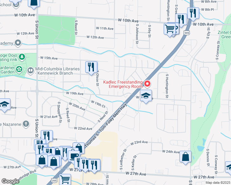 map of restaurants, bars, coffee shops, grocery stores, and more near 187 South Morain Street in Kennewick