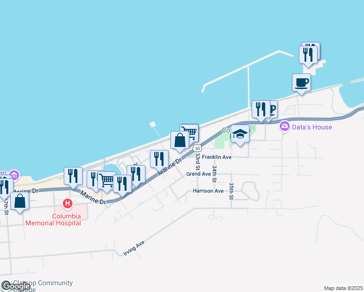 map of restaurants, bars, coffee shops, grocery stores, and more near 401 32nd Street in Astoria