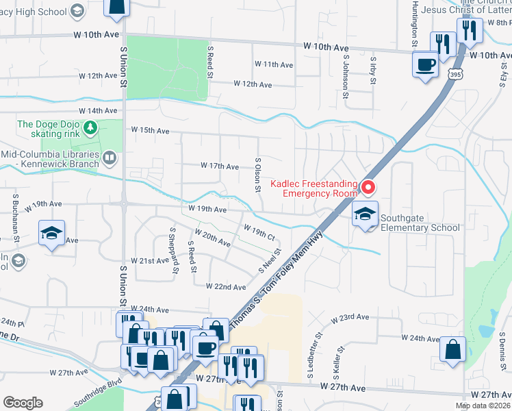 map of restaurants, bars, coffee shops, grocery stores, and more near 1800-1834 South Olson Street in Kennewick