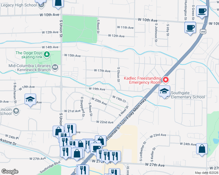 map of restaurants, bars, coffee shops, grocery stores, and more near 1719 South Perry Court in Kennewick