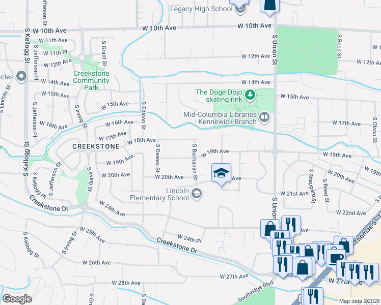 map of restaurants, bars, coffee shops, grocery stores, and more near 1803 South Buchanan Street in Kennewick
