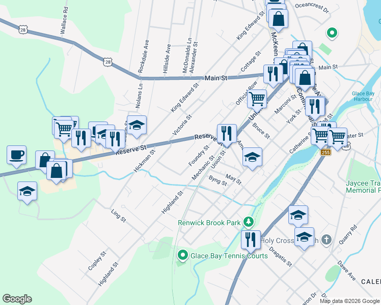 map of restaurants, bars, coffee shops, grocery stores, and more near 11 James Street in Glace Bay
