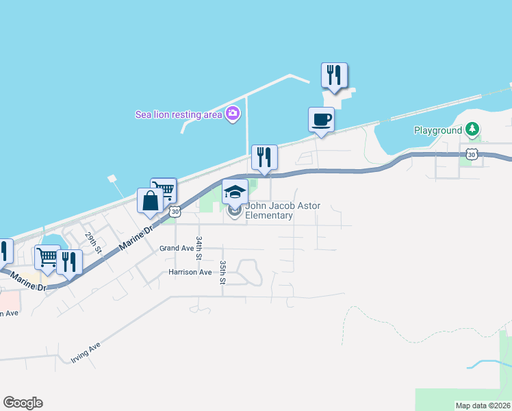 map of restaurants, bars, coffee shops, grocery stores, and more near 3647 Duane Street in Astoria