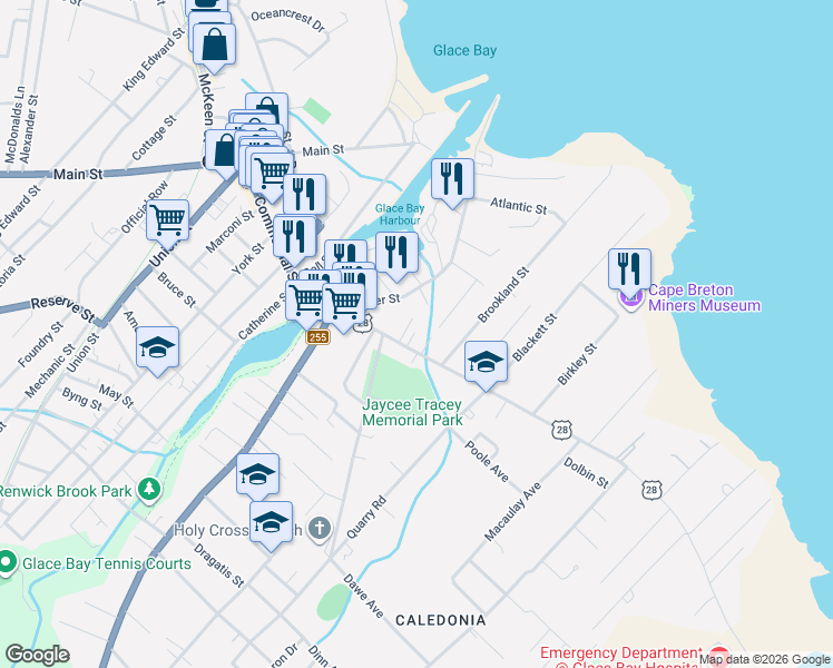 map of restaurants, bars, coffee shops, grocery stores, and more near 6 Miles Lane in Glace Bay