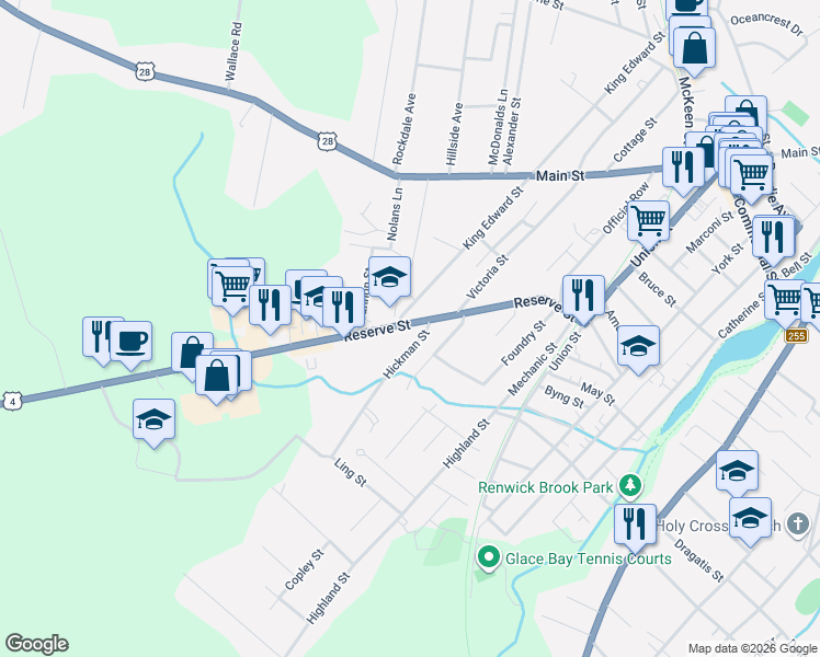 map of restaurants, bars, coffee shops, grocery stores, and more near 73 Reserve Street in Glace Bay