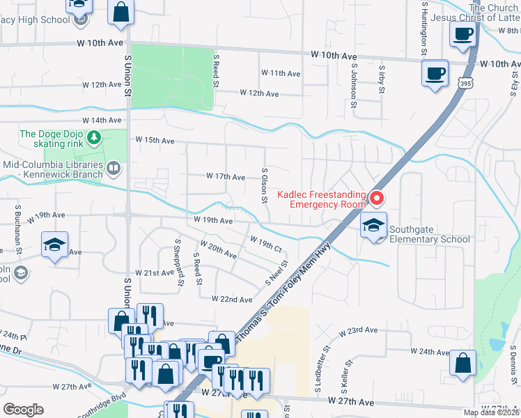 map of restaurants, bars, coffee shops, grocery stores, and more near 1800 South Olson Street in Kennewick