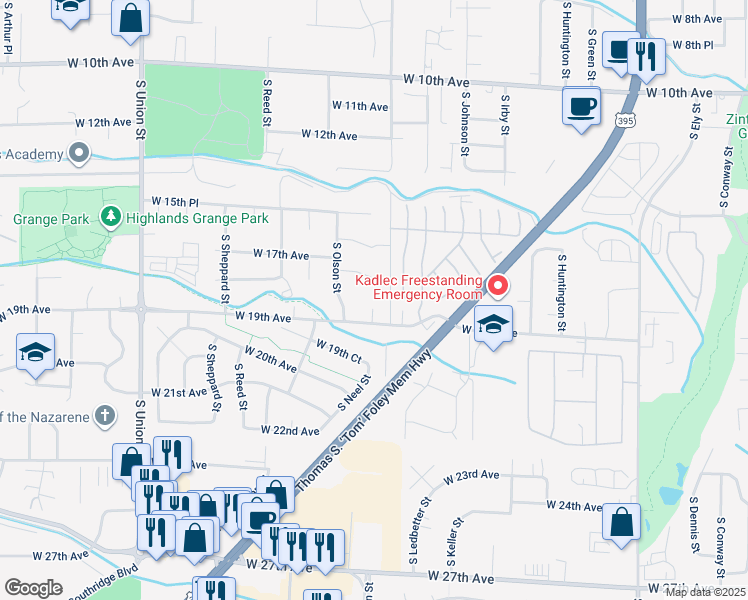 map of restaurants, bars, coffee shops, grocery stores, and more near 1829 South Neel Court in Kennewick