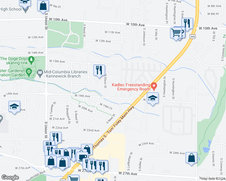 map of restaurants, bars, coffee shops, grocery stores, and more near 1829 South Neel Court in Kennewick