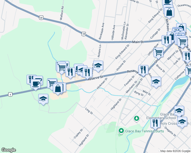 map of restaurants, bars, coffee shops, grocery stores, and more near 88 Reserve Street in Glace Bay