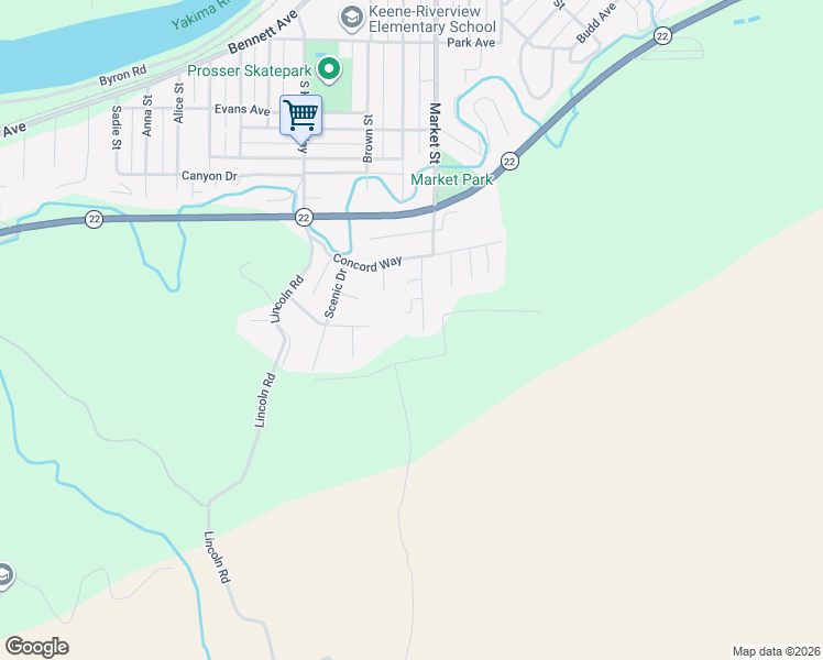 map of restaurants, bars, coffee shops, grocery stores, and more near 1349 Rohman Drive in Prosser