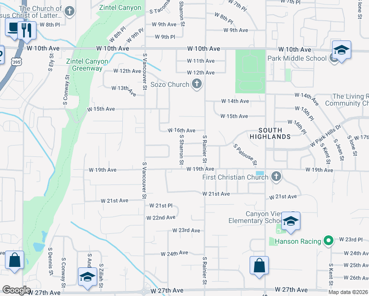 map of restaurants, bars, coffee shops, grocery stores, and more near 1705 South Sharron Street in Kennewick