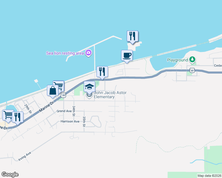 map of restaurants, bars, coffee shops, grocery stores, and more near 3760 Duane Street in Astoria