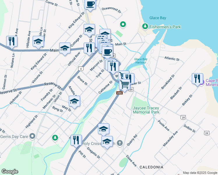 map of restaurants, bars, coffee shops, grocery stores, and more near 10 Catherine Street in Glace Bay