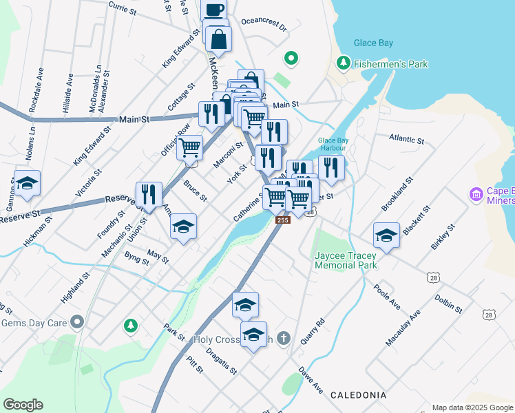 map of restaurants, bars, coffee shops, grocery stores, and more near 10 Catherine Street in Glace Bay