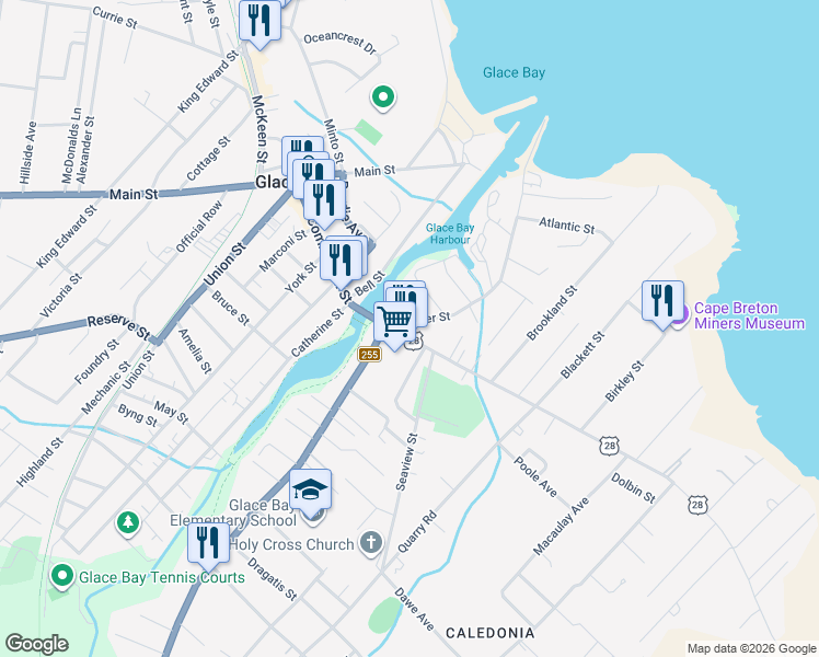 map of restaurants, bars, coffee shops, grocery stores, and more near 0 Water Street in Glace Bay