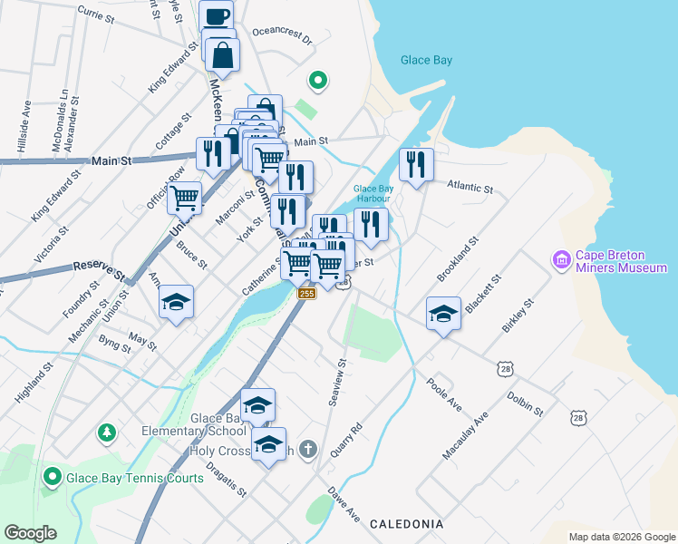 map of restaurants, bars, coffee shops, grocery stores, and more near 0 Water Street in Glace Bay