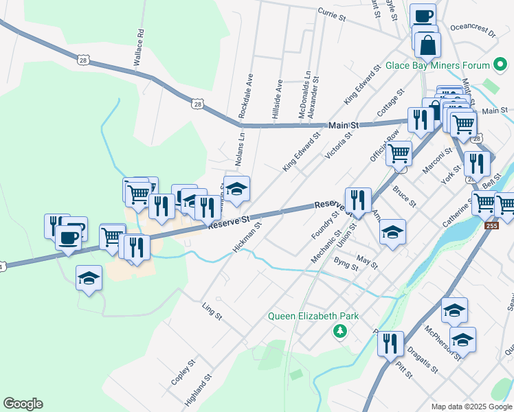 map of restaurants, bars, coffee shops, grocery stores, and more near 387 King Edward Street in Glace Bay