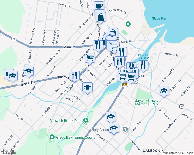 map of restaurants, bars, coffee shops, grocery stores, and more near 272 York Street in Glace Bay