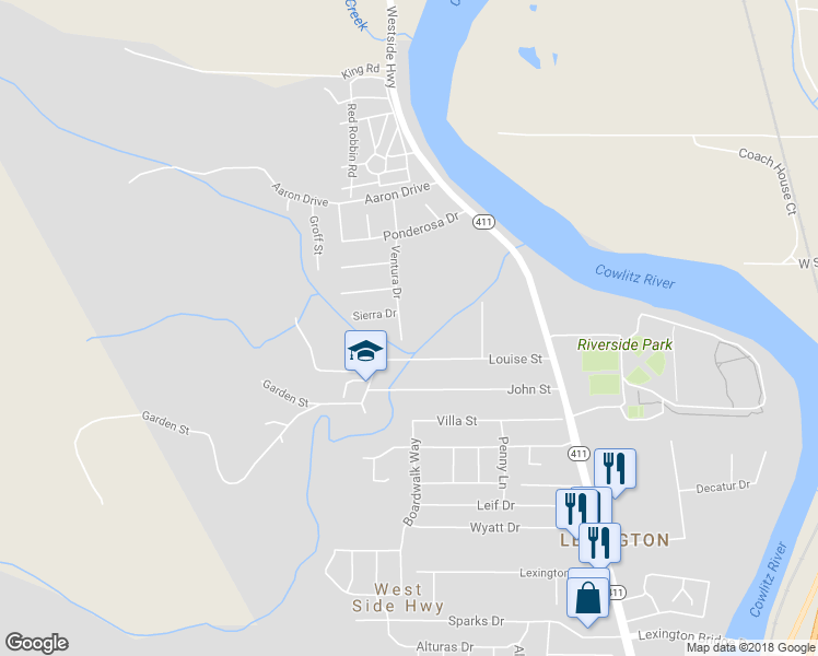 map of restaurants, bars, coffee shops, grocery stores, and more near 222 Ventura Drive in Kelso