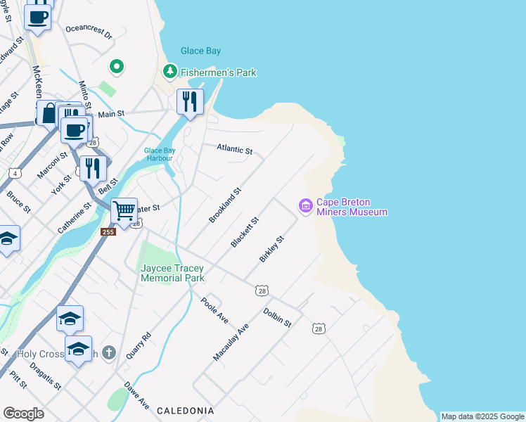 map of restaurants, bars, coffee shops, grocery stores, and more near Blackett Street in Glace Bay