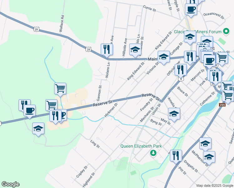 map of restaurants, bars, coffee shops, grocery stores, and more near 387 King Edward Street in Glace Bay