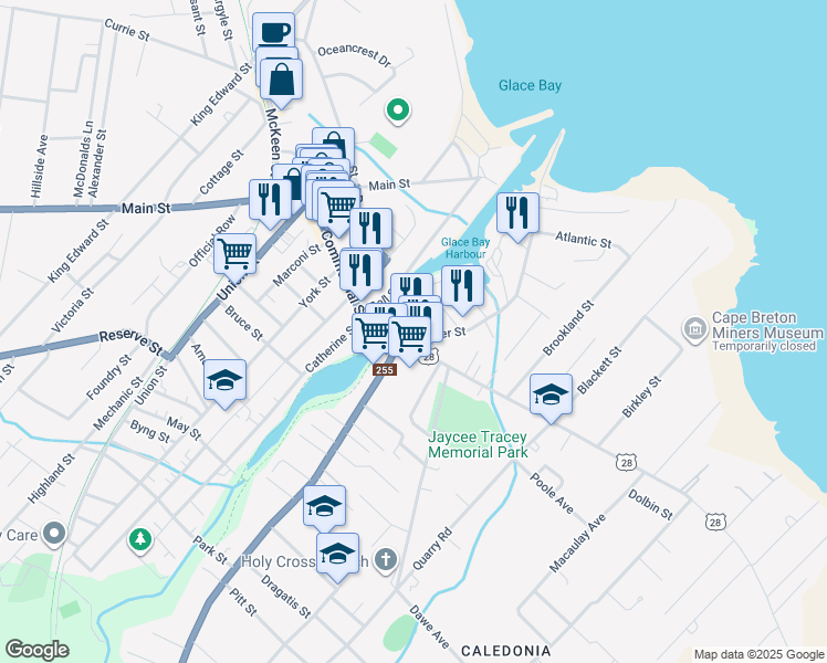 map of restaurants, bars, coffee shops, grocery stores, and more near 3 Water Street in Glace Bay