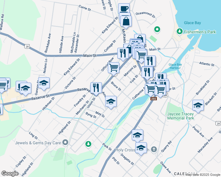 map of restaurants, bars, coffee shops, grocery stores, and more near 14 McDougall Street in Glace Bay