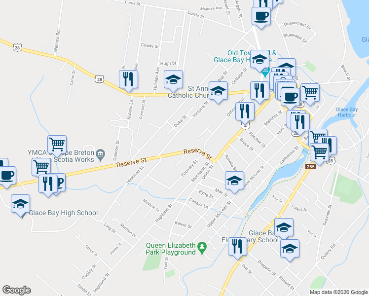 map of restaurants, bars, coffee shops, grocery stores, and more near 28 Reserve Street in Glace Bay