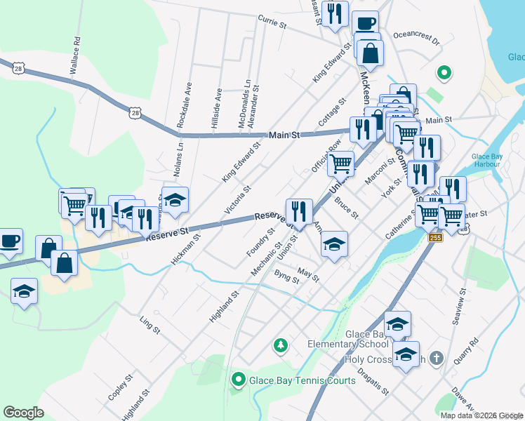map of restaurants, bars, coffee shops, grocery stores, and more near 24 Reserve Street in Glace Bay