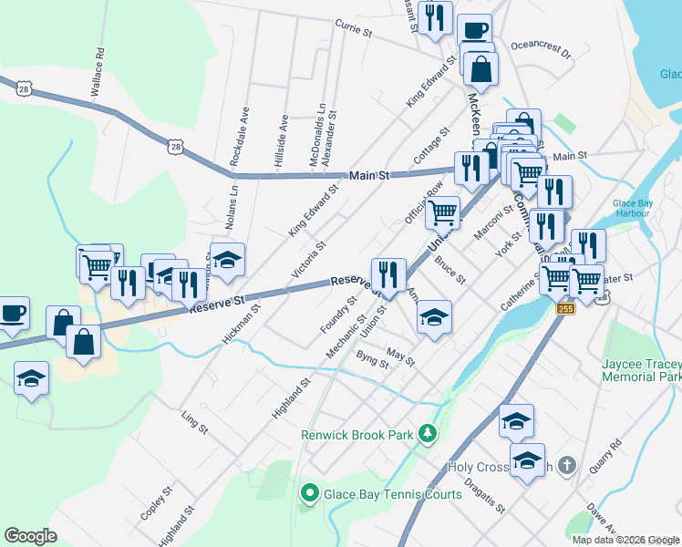 map of restaurants, bars, coffee shops, grocery stores, and more near 24 Reserve Street in Glace Bay
