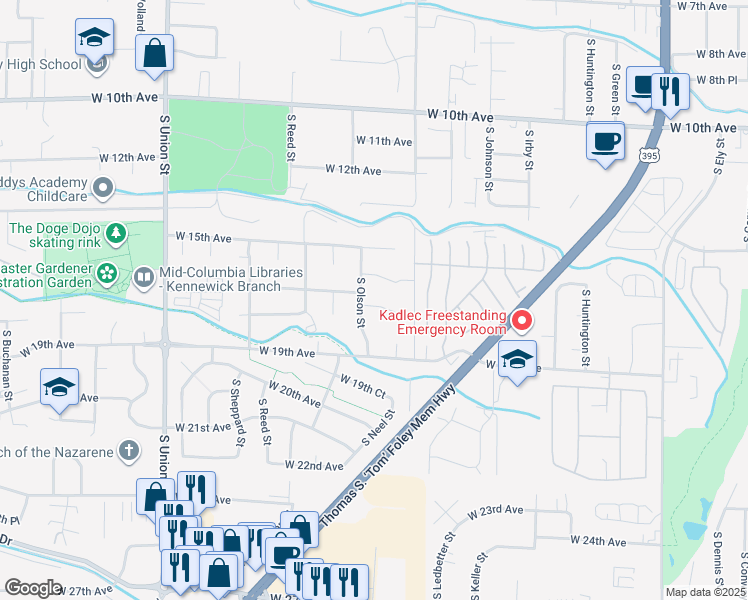 map of restaurants, bars, coffee shops, grocery stores, and more near 3800 West 17th Avenue in Kennewick