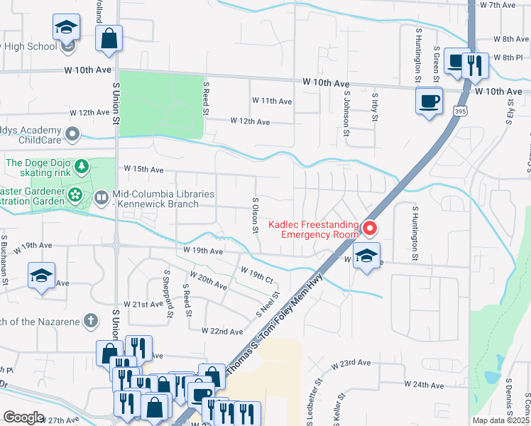 map of restaurants, bars, coffee shops, grocery stores, and more near 3800 West 17th Avenue in Kennewick