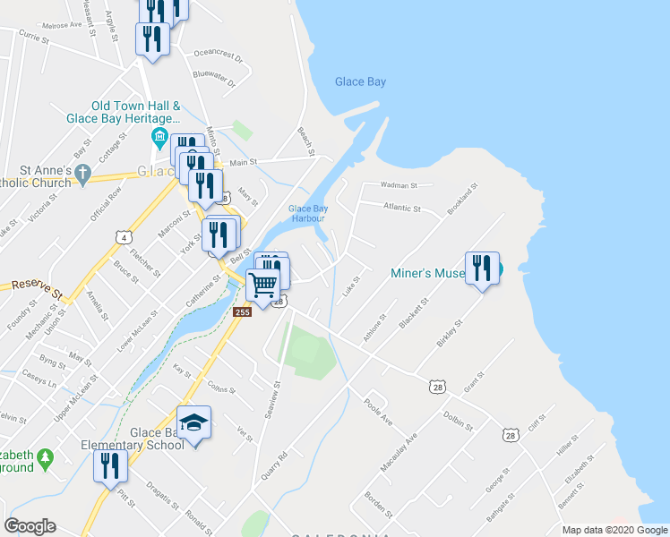 map of restaurants, bars, coffee shops, grocery stores, and more near 32 Water Street in Glace Bay