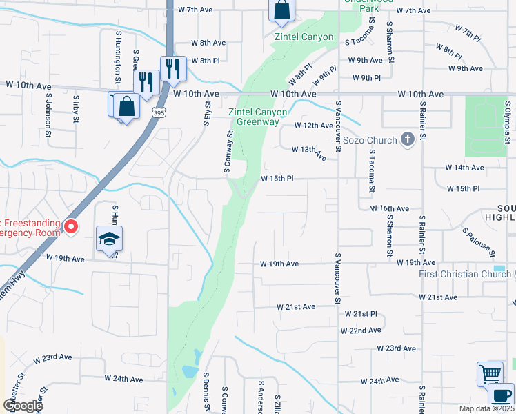 map of restaurants, bars, coffee shops, grocery stores, and more near Spirit of America Trail in Kennewick