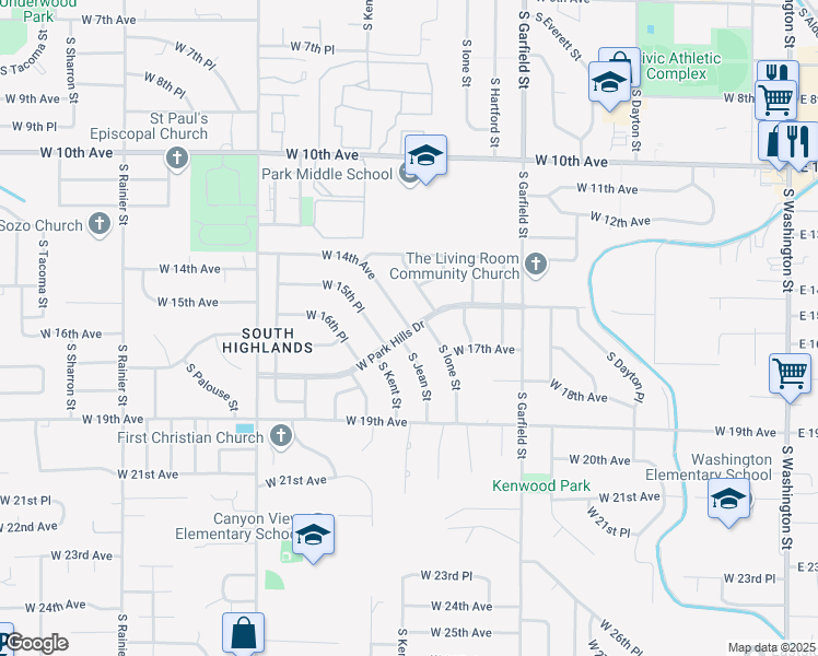 map of restaurants, bars, coffee shops, grocery stores, and more near 1018 West Park Hills Drive in Kennewick