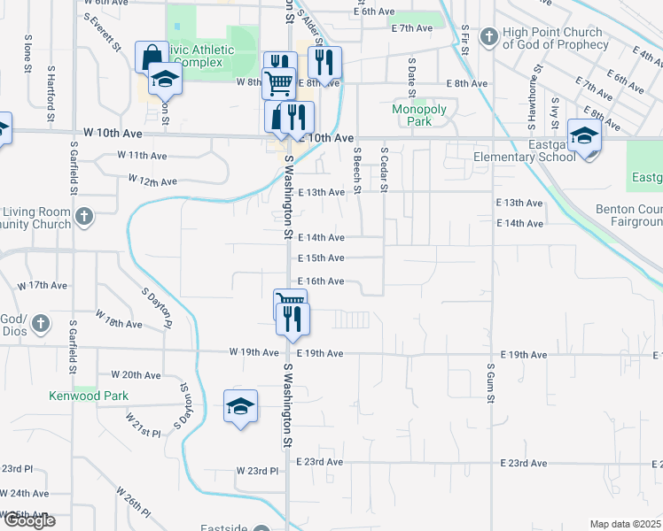 map of restaurants, bars, coffee shops, grocery stores, and more near 110 E 15th Ave in Kennewick