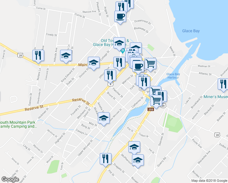 map of restaurants, bars, coffee shops, grocery stores, and more near 6 Fletcher Street in Glace Bay