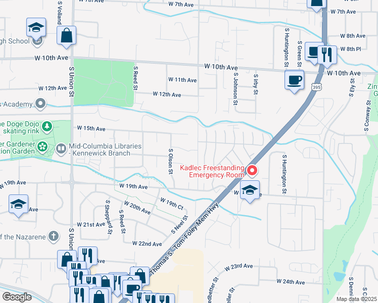 map of restaurants, bars, coffee shops, grocery stores, and more near 3711 West 16th Place in Kennewick