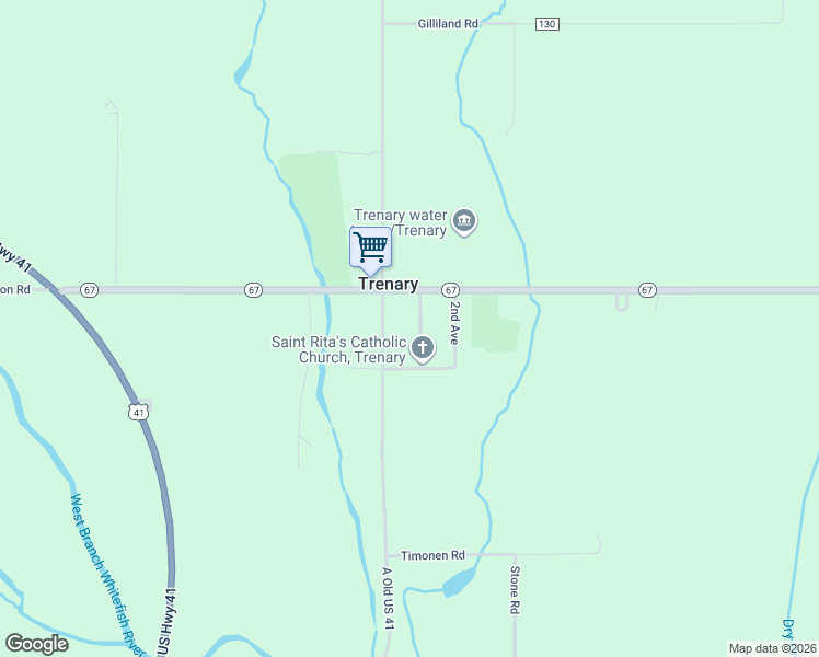 map of restaurants, bars, coffee shops, grocery stores, and more near 1st Avenue in Trenary