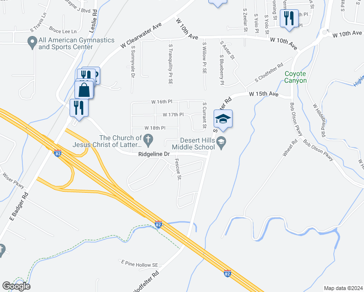 map of restaurants, bars, coffee shops, grocery stores, and more near 1883 South Fescue Street in Kennewick