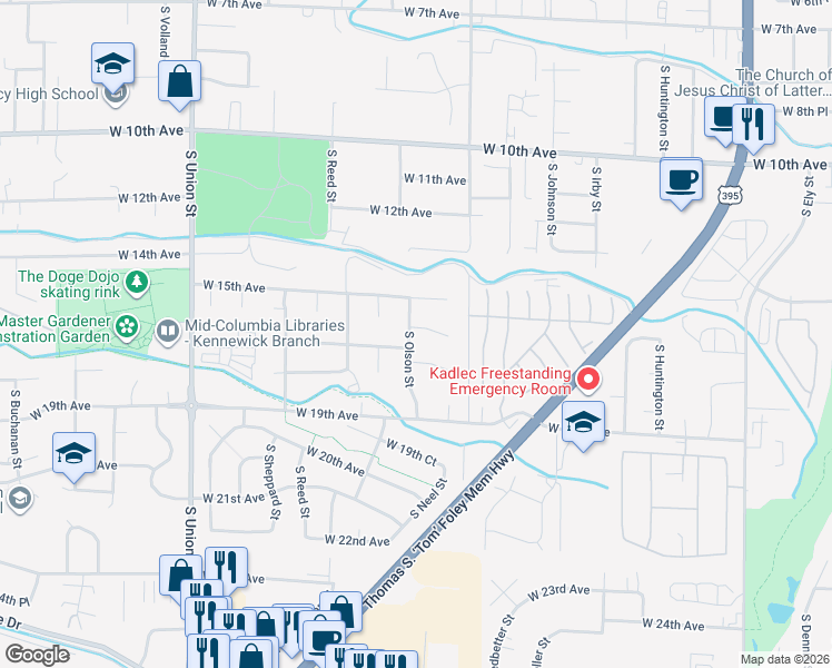 map of restaurants, bars, coffee shops, grocery stores, and more near 3800 West 17th Avenue in Kennewick